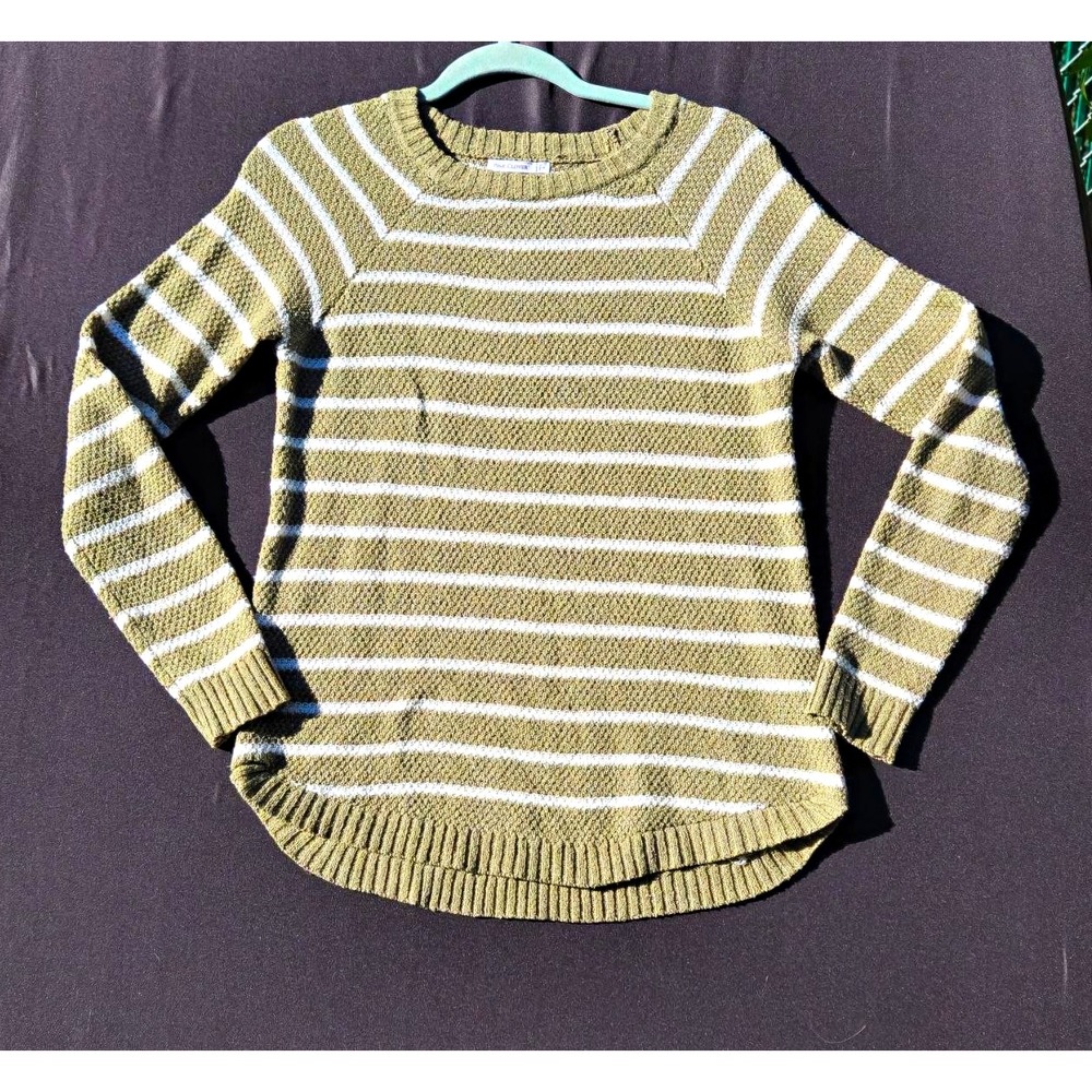 Pink Clover Women's Small Olive Green White Striped Knit Sweater High-Low Hem